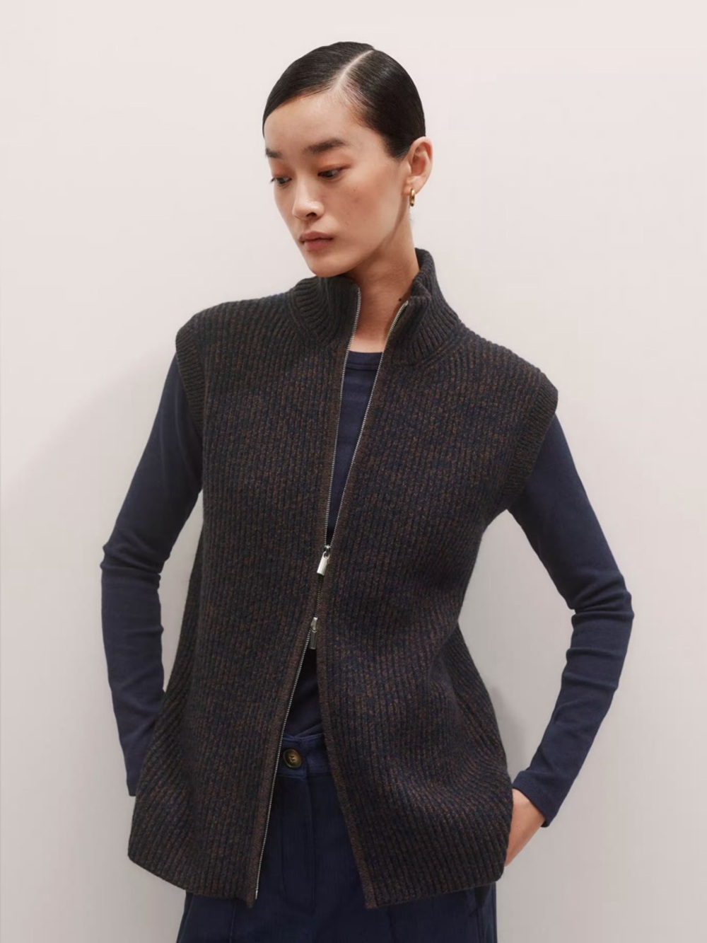 ME+EM Merino Cashmere Double Ended Zip Vest - Navy / Chocolate Mouline